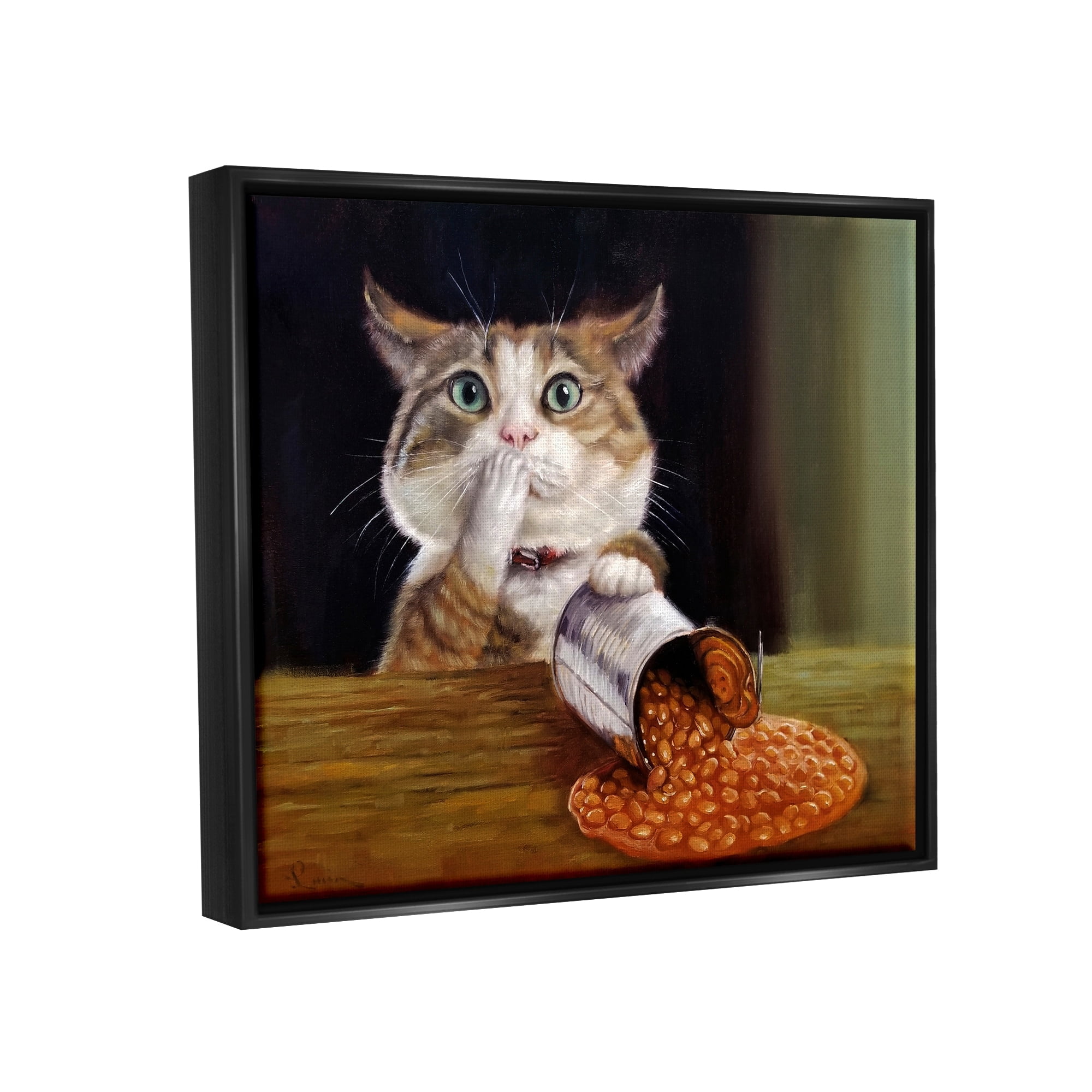 Stupell Industries Spilled The Beans Humorous Cat Kitchen Animal Painting Painting Jet Black Floating Framed Canvas Print Wall Art, Design by Lucia Heffernan