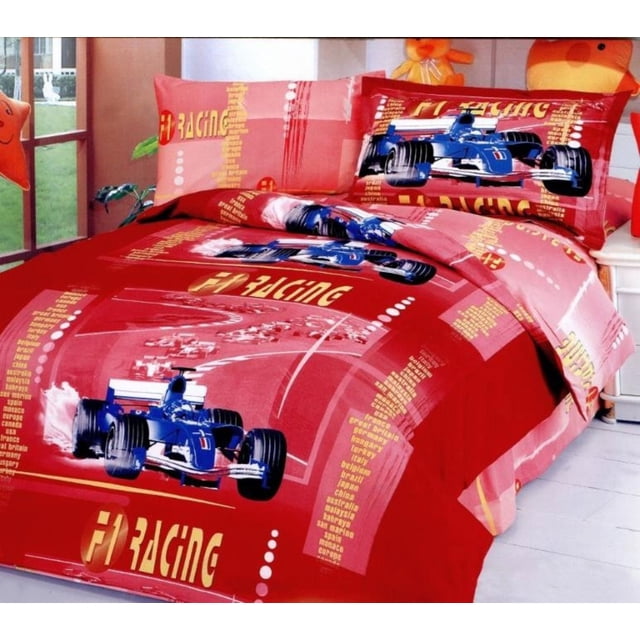 Le Vele LE41T Twin Size Duvet Cover Sheets Set, Car Racing Red