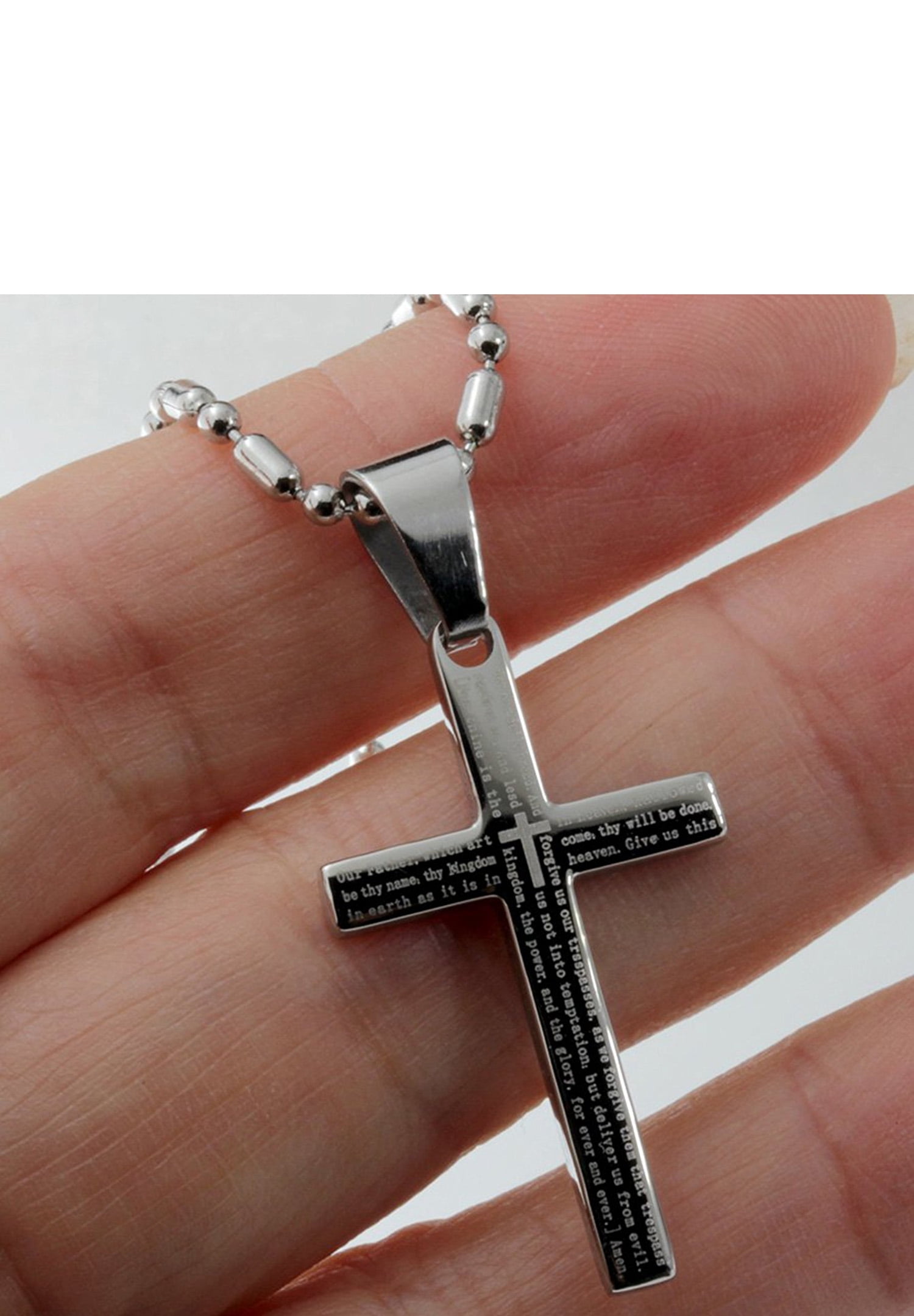 R.H. Jewelry Stainless Steel Small Silver Tone Cross Pendants 1.25 Inches  Long the Lord's Prayer Necklace 