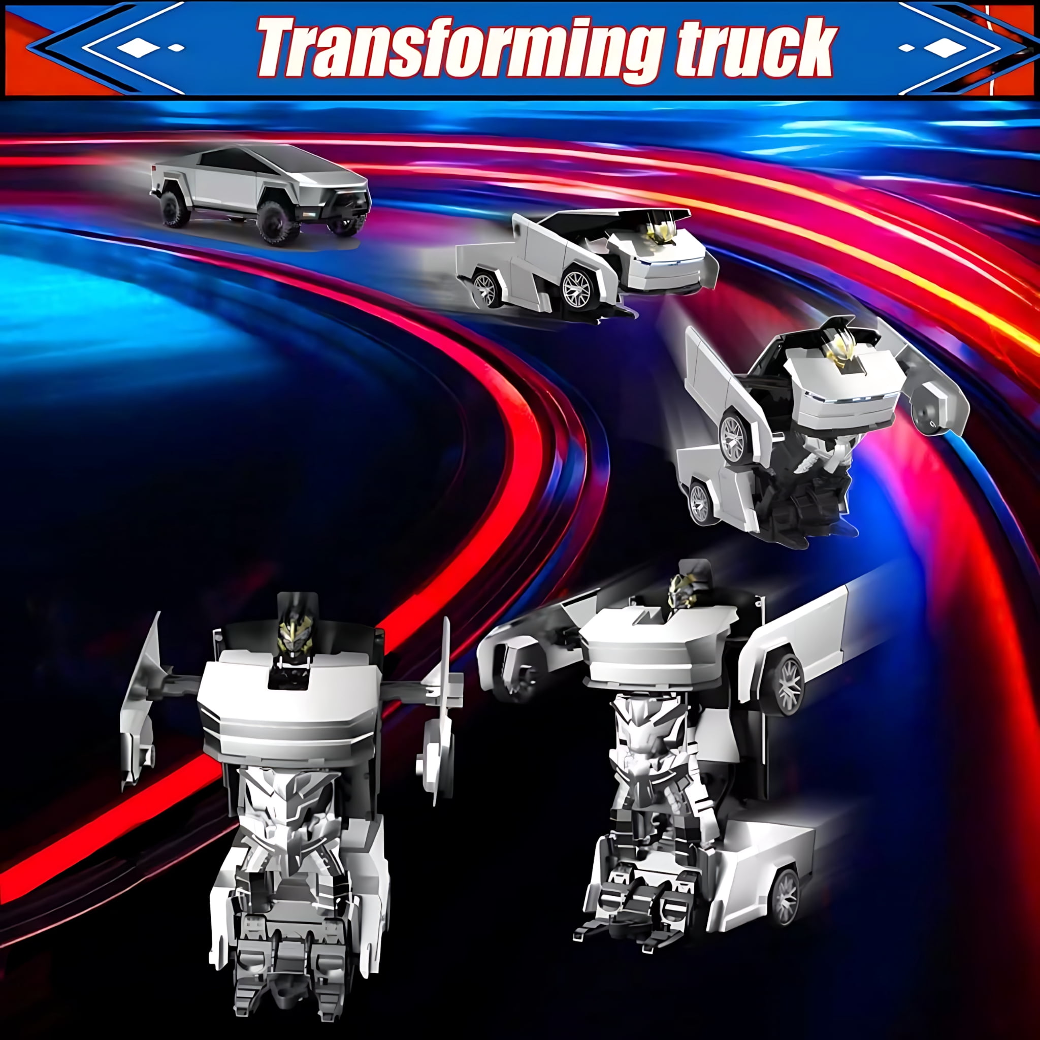 Cybertruck Remote Control Car, 1:18 Scale RC Truck with One-Button Deformation, Transform Robot Toy for Kids Ages 4-12, LED Lights