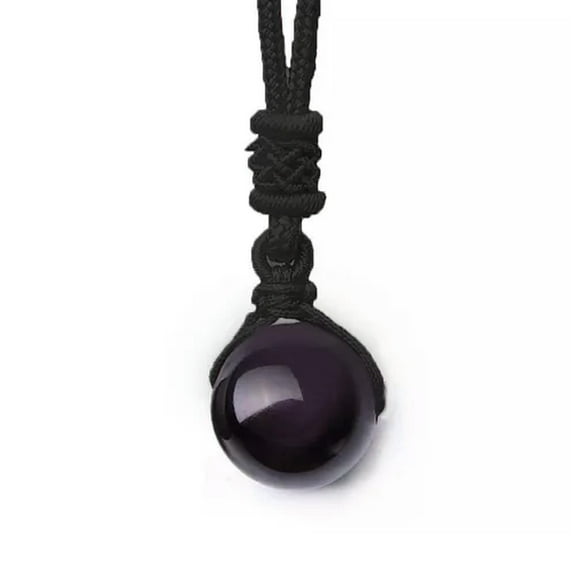 GKNET Men Women Double Rainbow Eyes Natural Obsidian Bead Pendant Long Chain Jewelry-black-16mm