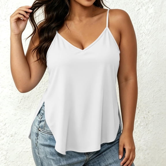 Chbgutlmr Plus Size Tank Tops for Women Sleeveless Deep V Neck Slit Curved Hem Camisole Tops Casual Loose Summer Basic Plain T-Shirts