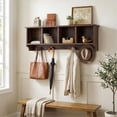 thumbnail image 2 of WLTER Wall Mounted Coat Rack, 28.5'' Wooden Floating Shelf with 4 Cubbies & 5 Double Hooks, Modern Space-Saving Storage Display Organizer for Entryway, Hallway, Mudroom (Rustic Brown), 2 of 9