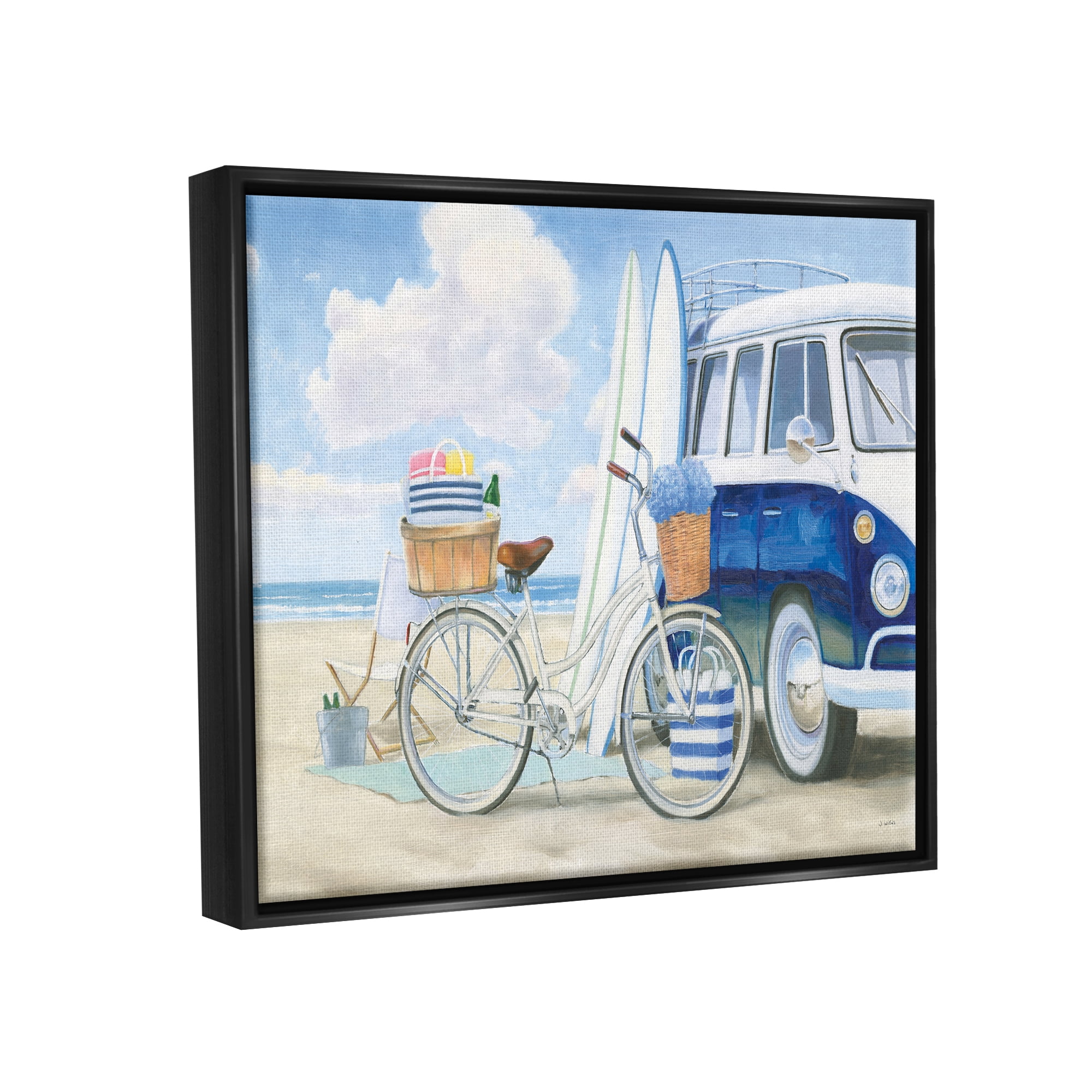 Stupell Industries Bike and Van Beach Nautical Blue White Painting Jet Black Framed Floating Canvas Wall Art, 24x30, by James Wiens