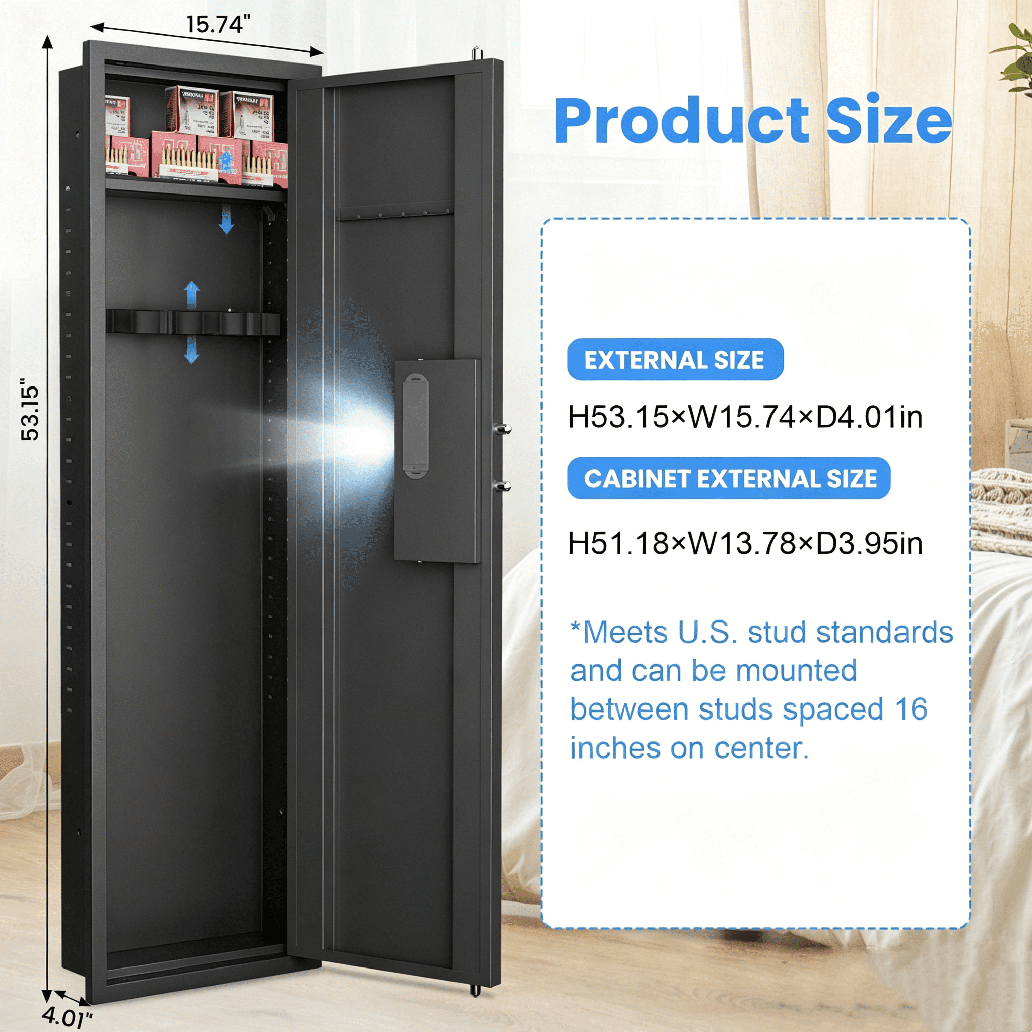 53.15" Tall Hidden Wall Safes Between the Studs 16" Centers,  Wall Safe With Removable shelfs and Adjustable Gun Rack, Digital Keypad Wall Gun Safe for Home Rifle, Cash, Jewelry, Documents - Black