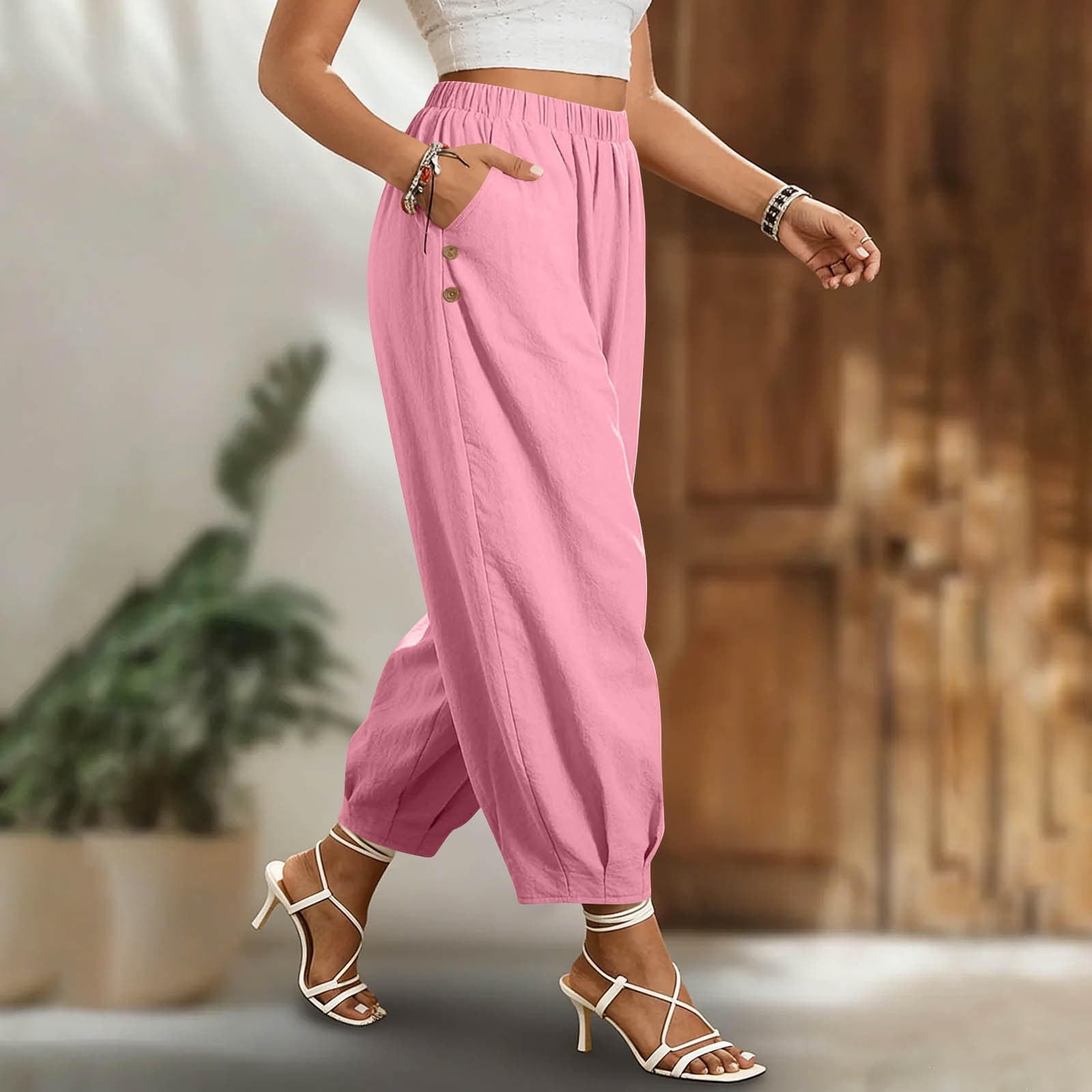 Zedker Pants for Womens 100% Cotton Linen Elastic High Waisted