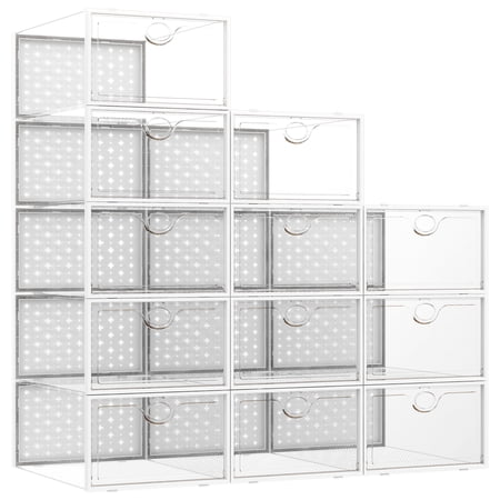 Pinkpum Shoe Storage Boxes, Shoe Organizer for Closet Clear Plastic Stackable Shoe Box Bins Case Holder 12 Pack Clear White