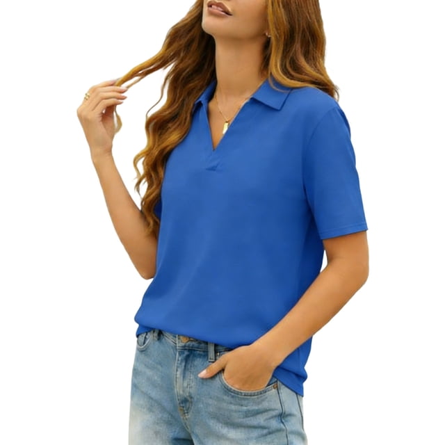 Short Sleeve Collared Shirt For Women, Loose Fit V-Neck Blouse Top, Casual Solid Color Knit Tee for Office or Weekend