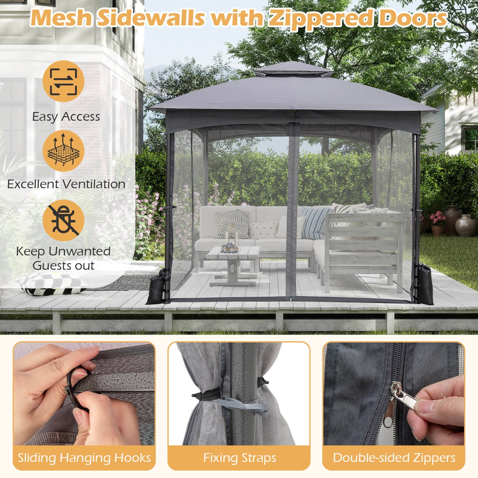 Costway 10 X 10 FT Patio Gazebo with Netting Walls 4 Sandbags Zippered Doors Outdoor