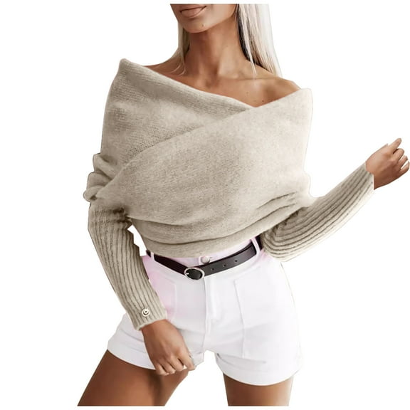 Htigea Off the Shoulder Sweaters for Women Elegant Crisscross Wrap Knit Sweater Batwing Sleeve Pullover Sweater Tops Khaki Free Size