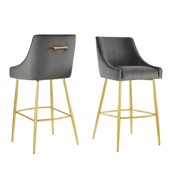 Bar Stool Chair Barstool, Set of 2, Grey Gray, Velvet, Modern Contemporary, Mid Century Bar Pub Cafe Bistro Hotel Lounge Dining Kitchen