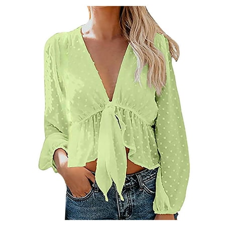 

Mrat Women s Basic Long Sleeve T Shirts Long Sleeve V-Neck Blouses Ladies Solid Color Deep V-Neck Lantern Sleeves Ruffled Blouse Top Long Sleeve Corset Tops