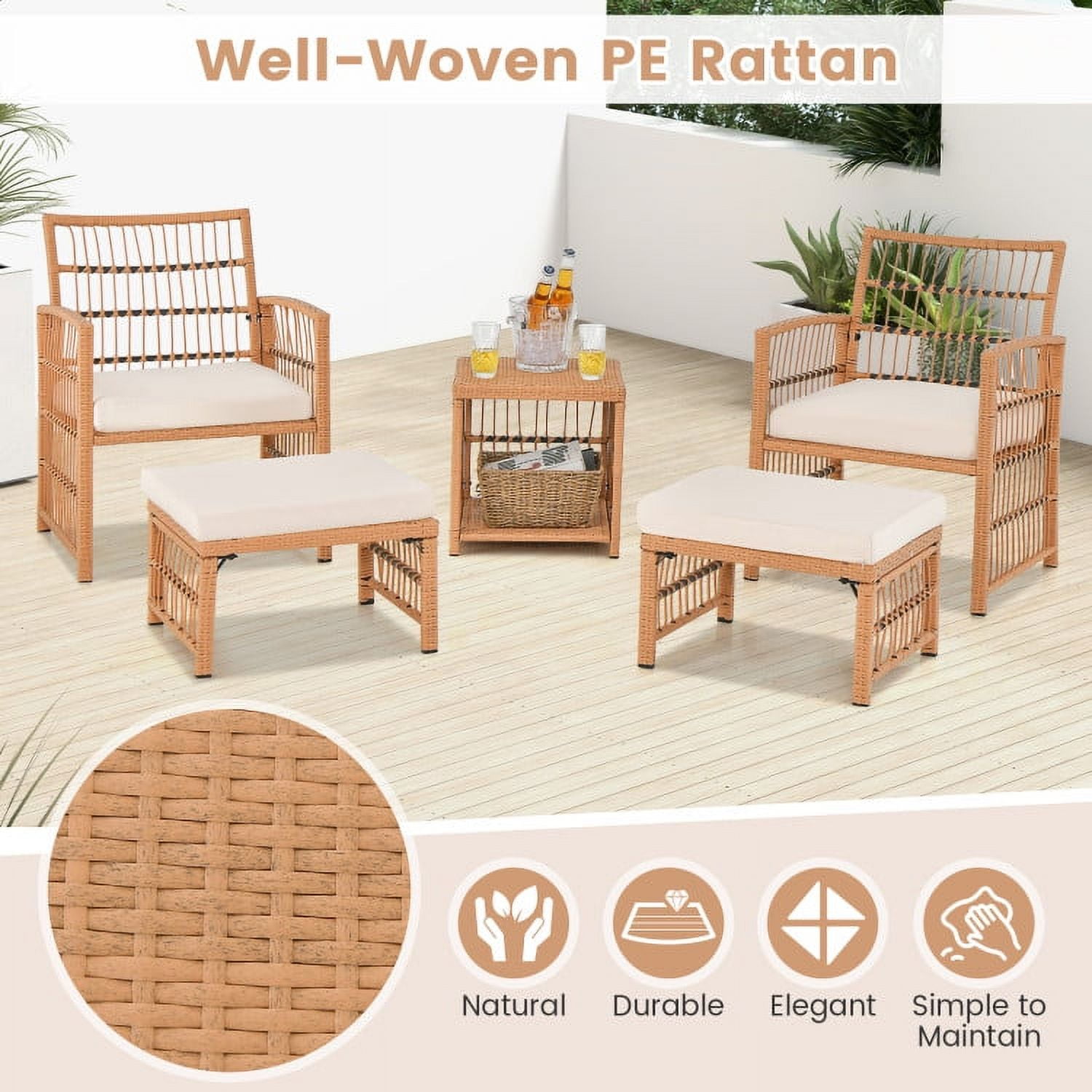 Aimee Lii 5 Pieces Patio Wicker Conversation Set, Outdoor Patio Furniture Set, Natural Aimee Lii 5 Pieces Patio Wicker Conversation Set, Outdoor Patio Furniture Set, Natural