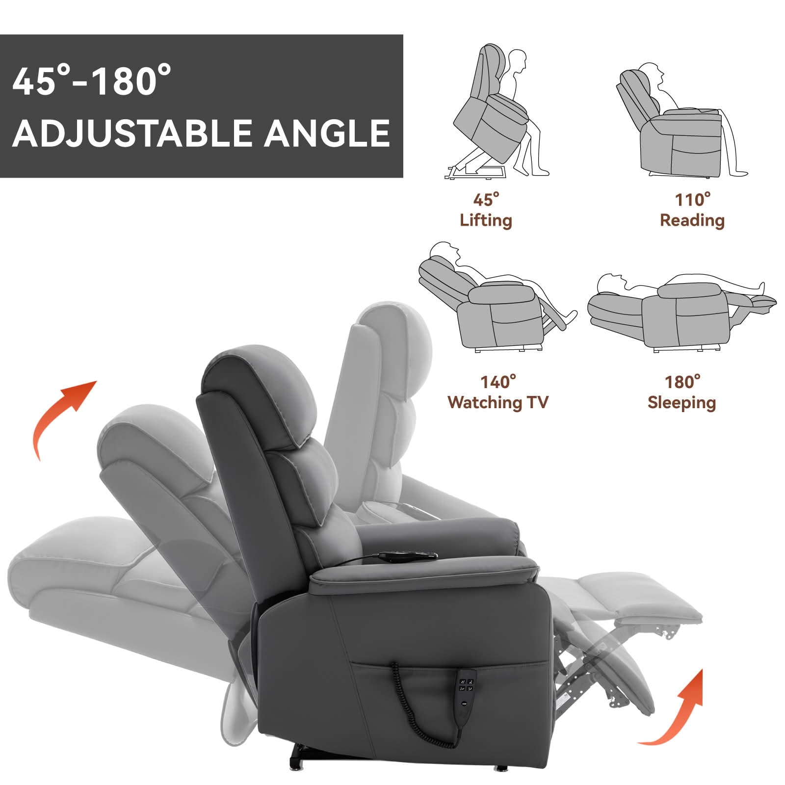 MAYEERTY Grey Cat-Proof Leather Dual Motor Power Lift Recliner, 350lbs Infinite Position Massage Heat 37"x37"x45"