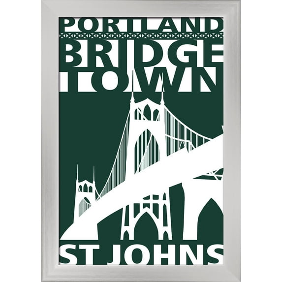 Portland, Oregon - St. Johns Bridge - Lantern Press Artwork (12x18 Giclee Art Print, Gallery Framed, Silver Wood)