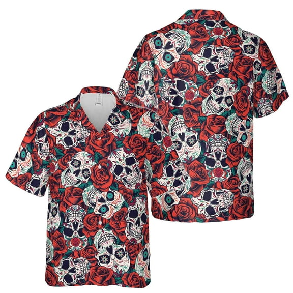 Red Rose Floral Skull Tattoo Aloha Hawaiian Shirt Size S-5XL