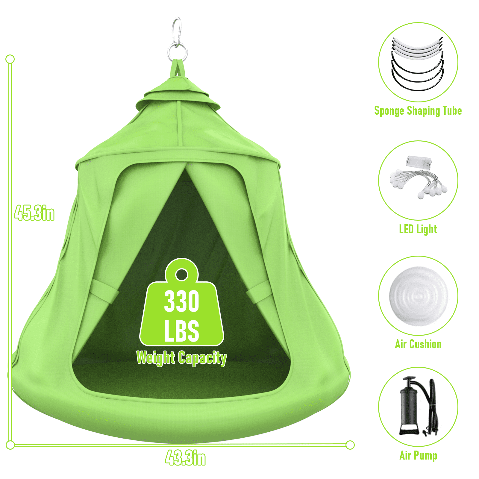 Yacona X-Shaped Swing Set, Sensory Swing with Stand, 330lbs Swing Stand Frame with Play Tent, Hammock Chair for Kids and Adults, Green