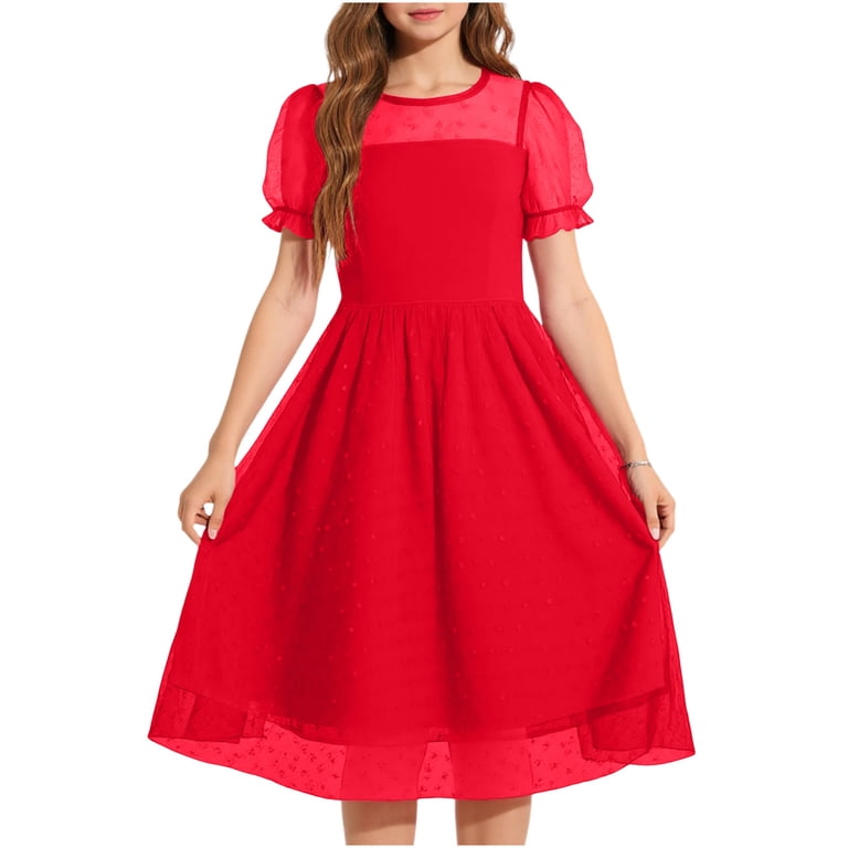 Efsteb Girls Chiffon Dress Fashion Kids Puff Sleeve Casual Midi Dress with Sheer Neckline for Summer (Red,5-6 Years), Girl's Efsteb Girls Chiffon Dress Fashion Kids Puff Sleeve Casual Midi Dress with Sheer Neckline for Summer (Red,5-6 Years), Girl's