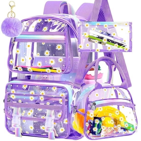 Transparent Backpack Heavy Duty, 3PCS Girls See Through School Bag Set, Cute Clear Bookbag for Women - Chrysanthemum Purple