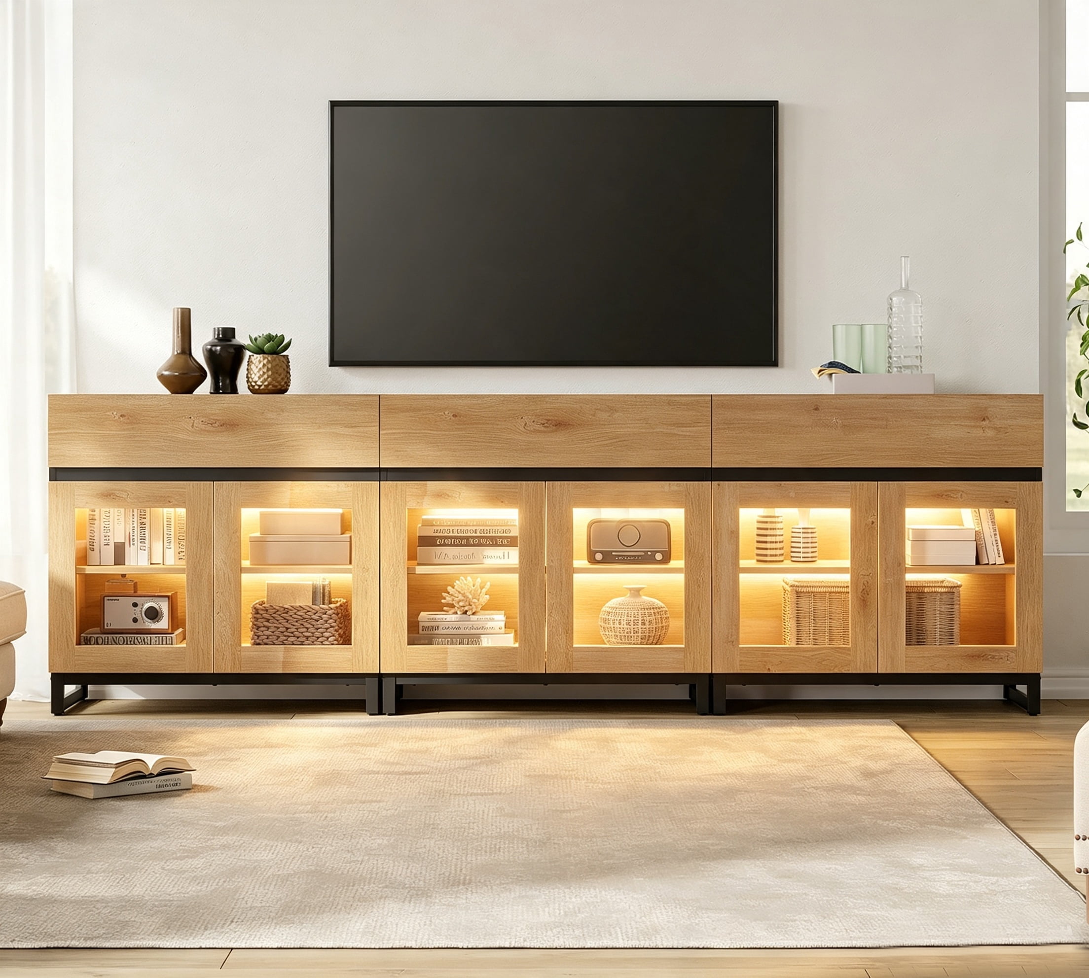 Modern TV Stand with Glass Door & Drawer, Metal Base Entertainment Console up to 100 Inch TVs, Media Console for Living Room & Bedroom,Oak