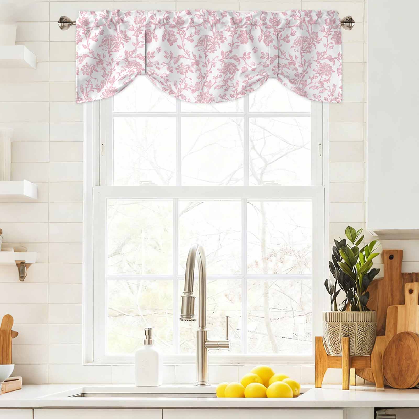 Light Pink Floral Paisley Tie Up Valances Curtain, Boho Leaf Vintage Farmhouse Linen Adjustable Rod Pocket Short Window Treatment Tie Up Curtains Valances for Kitchen Living Room 60x18 In