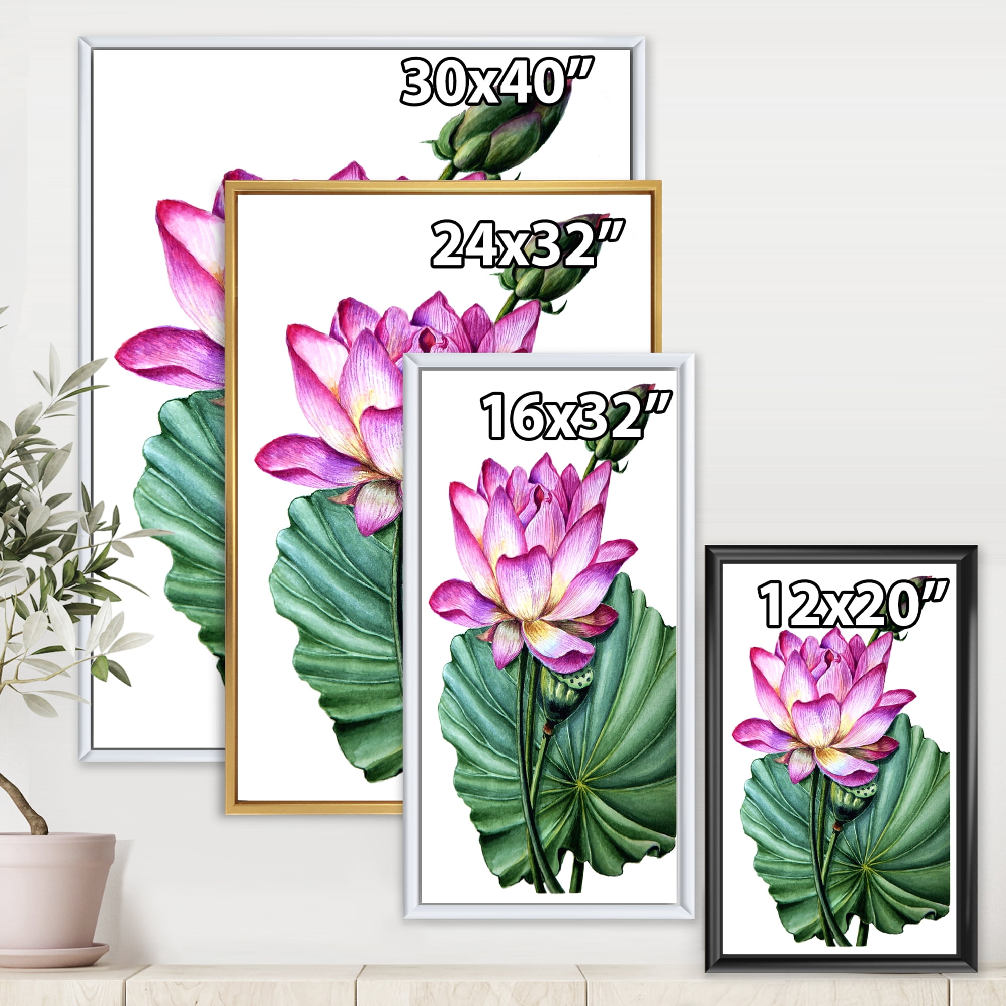 Designart 'Ancient Pink Lotuses In The Pond VI' Traditional Framed Canvas Wall Art Print