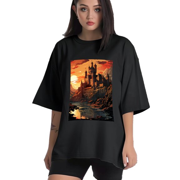 Plus Size Shirt for Women Black Tops for Women Short Sleeves Shirt for Women Castle (78） T Shirt Crewneck Shirt for Women XS