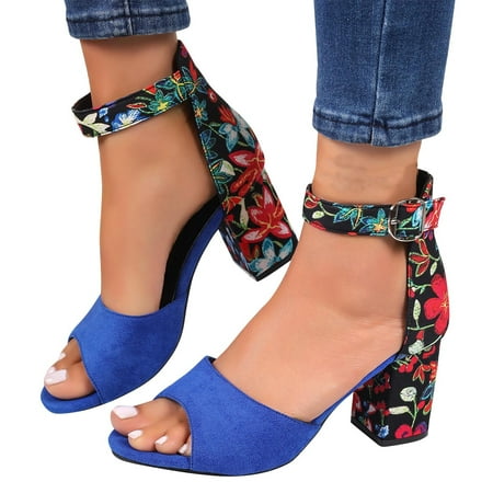Miluxas Heels Sandals Clearance Women s Open Toe Ankle Strap Low Block Chunky Heels Sandals Party Dress Pumps Shoes Blue 7.5(40)