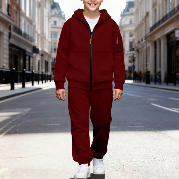 XIMIN Boys 2 Piece Zip Up Athletic Sweatsuit, Hoodie Jacket and Joggers Set, Lightweight Fleece for Kids (Wine, 6-7 Years)