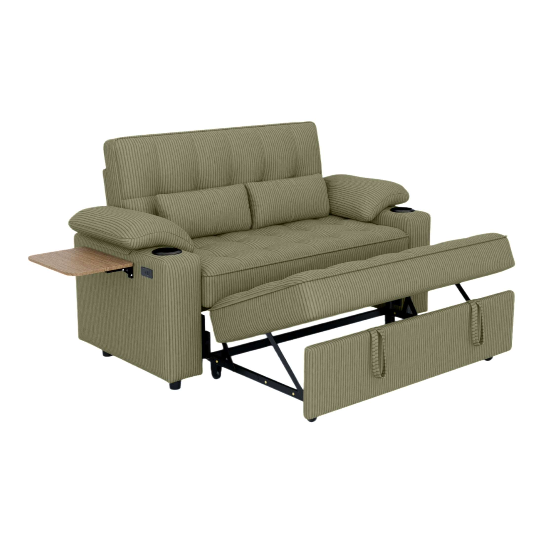 Vinform 3 in 1 Sleeper Sofa Bed, 58" Convertible Loveseat with Foldable Side Tray Table, USB Ports and Cup Holders for Apartments, Corduroy, Green