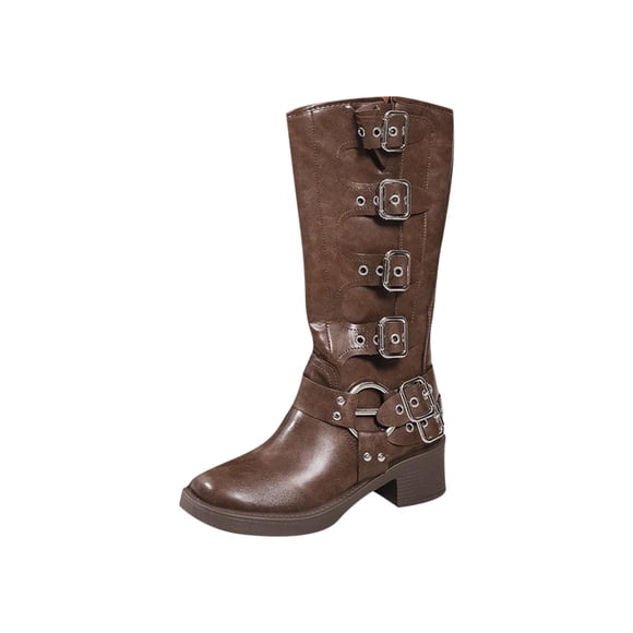 Brown Ladies Knee High Boots With Belt Buckle Detail Round Square Toe Chunky Low Heel For Casual Winter Indoor Outdoor Daily Wear Size 40