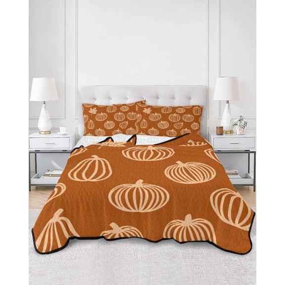 Quilts King Size, Orange Fall Soft Comforter Bedding Set for Bed, Autumn Thanksgiving Pumpkins Lightweight Quilted Bedspread with Pillow Cover(2 Pieces) for All Season, 96x106 Inch