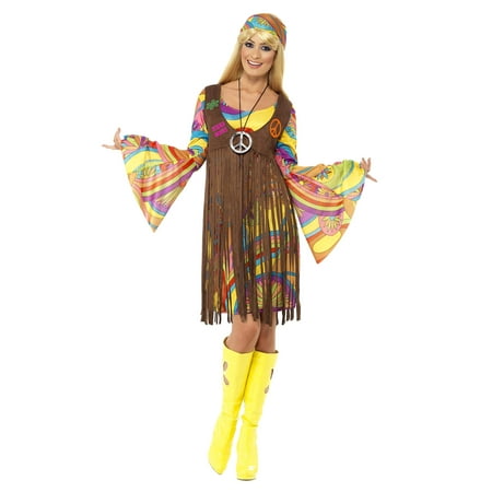 Womens 60s 70s Hippie Girl Peace Dress And Waistcoat Costume
