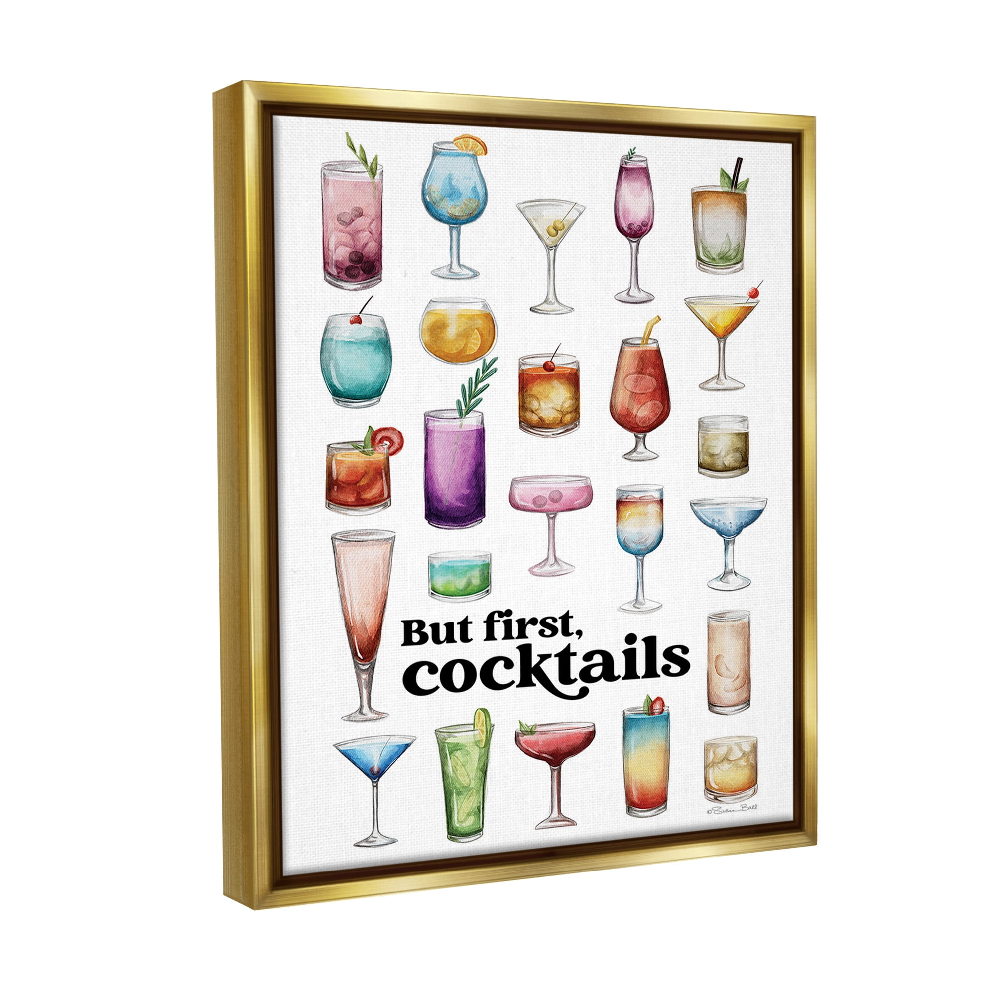 Stupell Industries But First Cocktails Food & Beverage Painting Gold Floater Framed Canvas Art Print Wall Art, 17 x 21