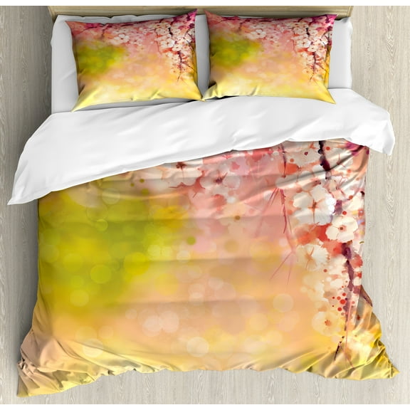 Nature Duvet Cover Set, Japanese Cherry Sakura Floral Art in Soft Color over Blurred Background, Decorative 3 Piece Bedding Set with 2 Pillow Shams, Calking Size, Pink Green Yellow, by Ambesonne