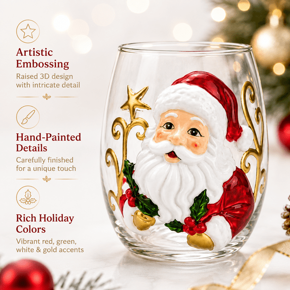 3D Christmas Glass Art Cup Christmas Embossed Stemless Glassware Printed Holiday Tumbler for Coffee Tea Juice Milk Party Home Dining Table Decor