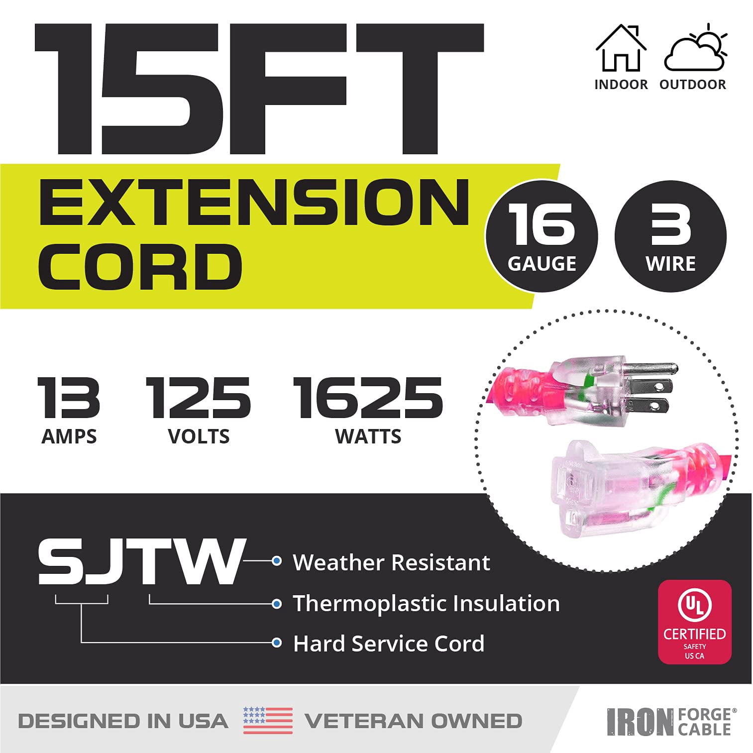 Iron Forge Cable Weatherproof 15 Ft Outdoor Extension Cord - 16/3 SJTW 13 Amp Heavy Duty Neon Pink Extension Cord 3 Prong - Lighted End