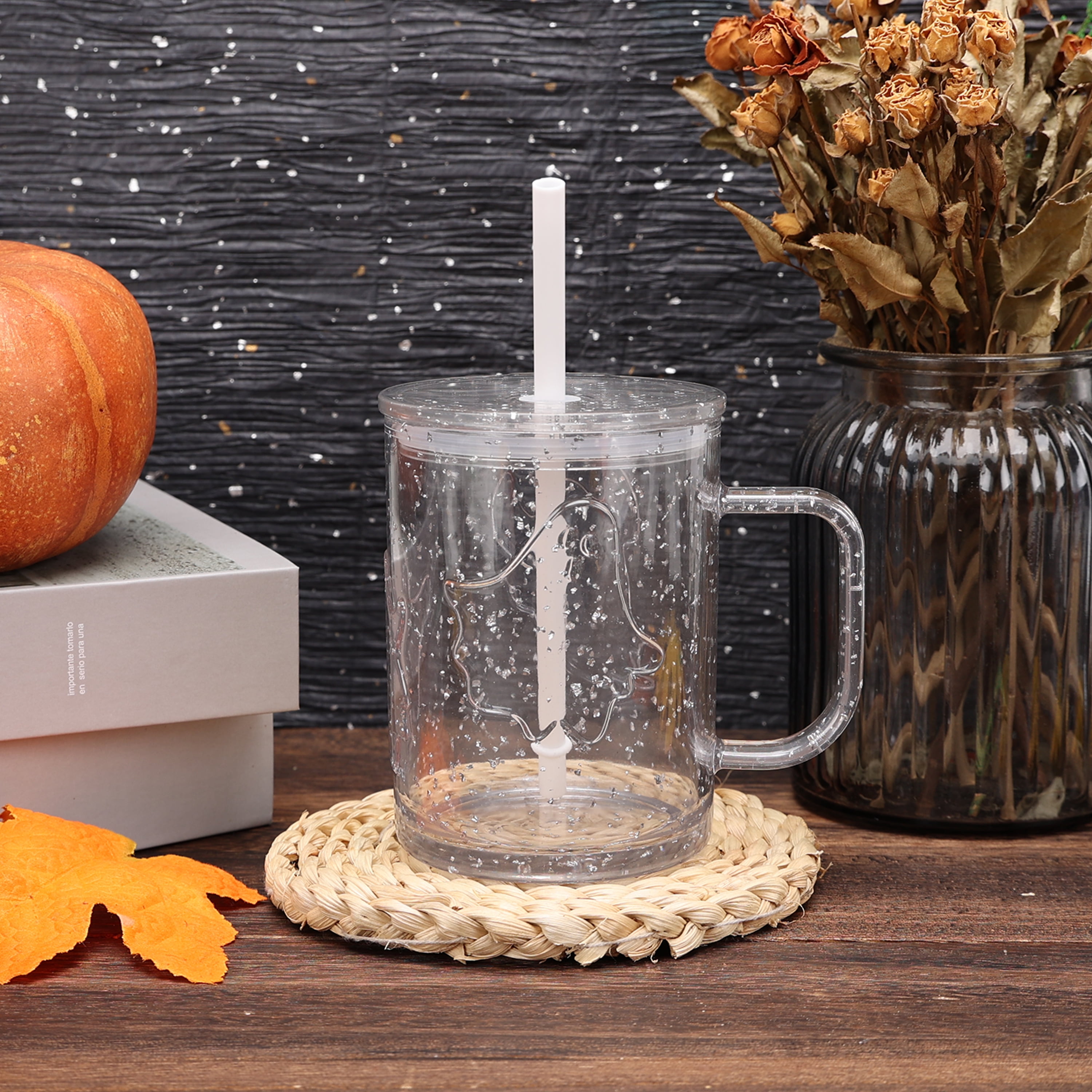 20-Ounce Clear Glitter Acrylic Ghost Mug with Lid & Straw, by Way to Celebrate