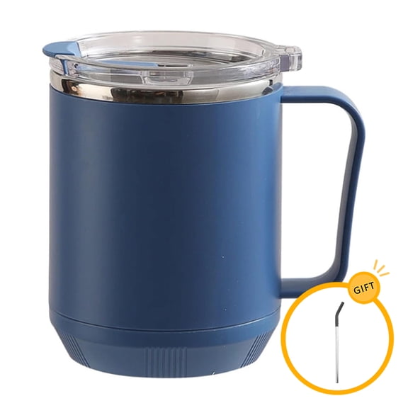 Coffee Mug with Handle and Sliding Lid, Stainless Steel Travel Tumbler Cup with Handle and Straws, Double Wall Vacuum Insulated Camping Cup for Hot & Cold Drinks Tea, Blue