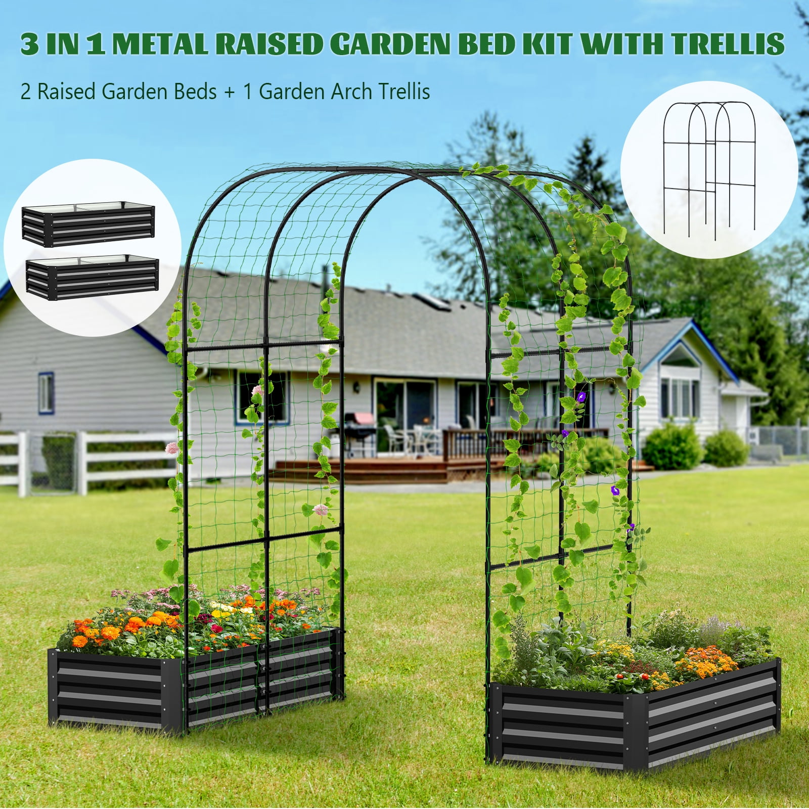 Slsy 3 in 1 Galvanized Raised Garden Bed with 85in Tall Arch Trellis for Climbing Vegetables Flowers Herbs, Metal Raised Garden Bed Kit with Trellis, Plant Ties, Climbing Supporting Netting