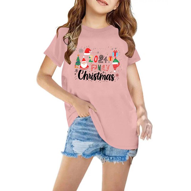 Fiudx Camiseta Navideña de Tejido Suave y Transpirable con Mangas Cortas Abullonadas, Ideal para El Verano, Ideal para Ir a La Escuela, Ir de Fiesta o Ir a Vacaciones. Blusa Moderna para Niñas.