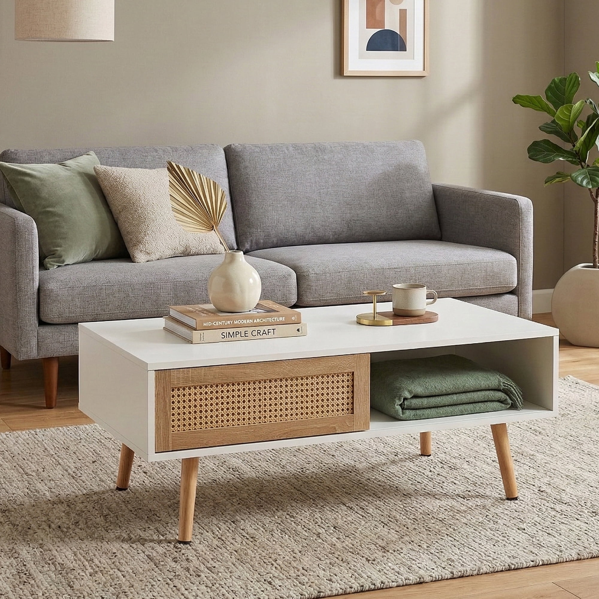Leumius 41.3 Inch Rattan Coffee Table with Sliding Storage Door, Rectangle Wooden Accent Center Sofa Table with Solid Wood Legs,Suitable for Living Room,White
