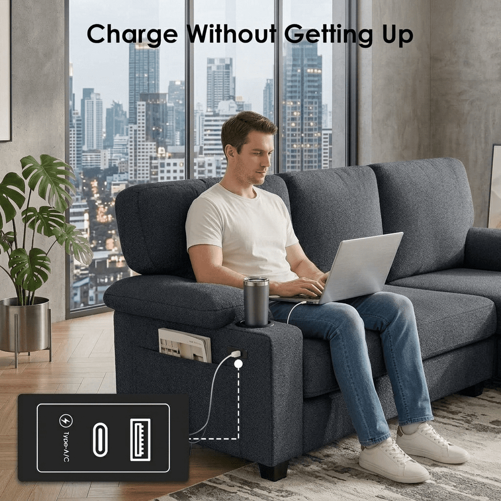 Howcool 80" Convertible Sectional Sofa Couch, L-Shaped Loveseat with Storage Ottoman, USB Ports, Cup Holders & Deep Seats, Modern Teddy Fabric Couch for Apartment Living Room Small Space, Black
