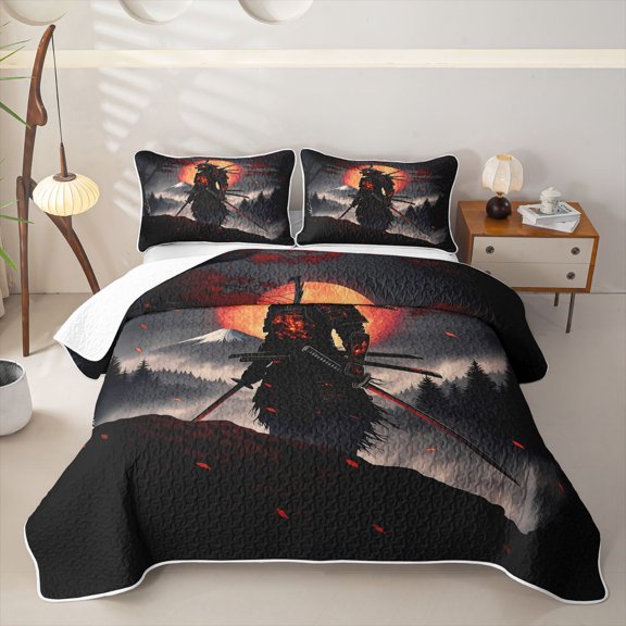 Homewish Traditional Samurai Print Twin Quilt Set,Japanese Ink Painting Twin Coverlet Set,2 Pieces