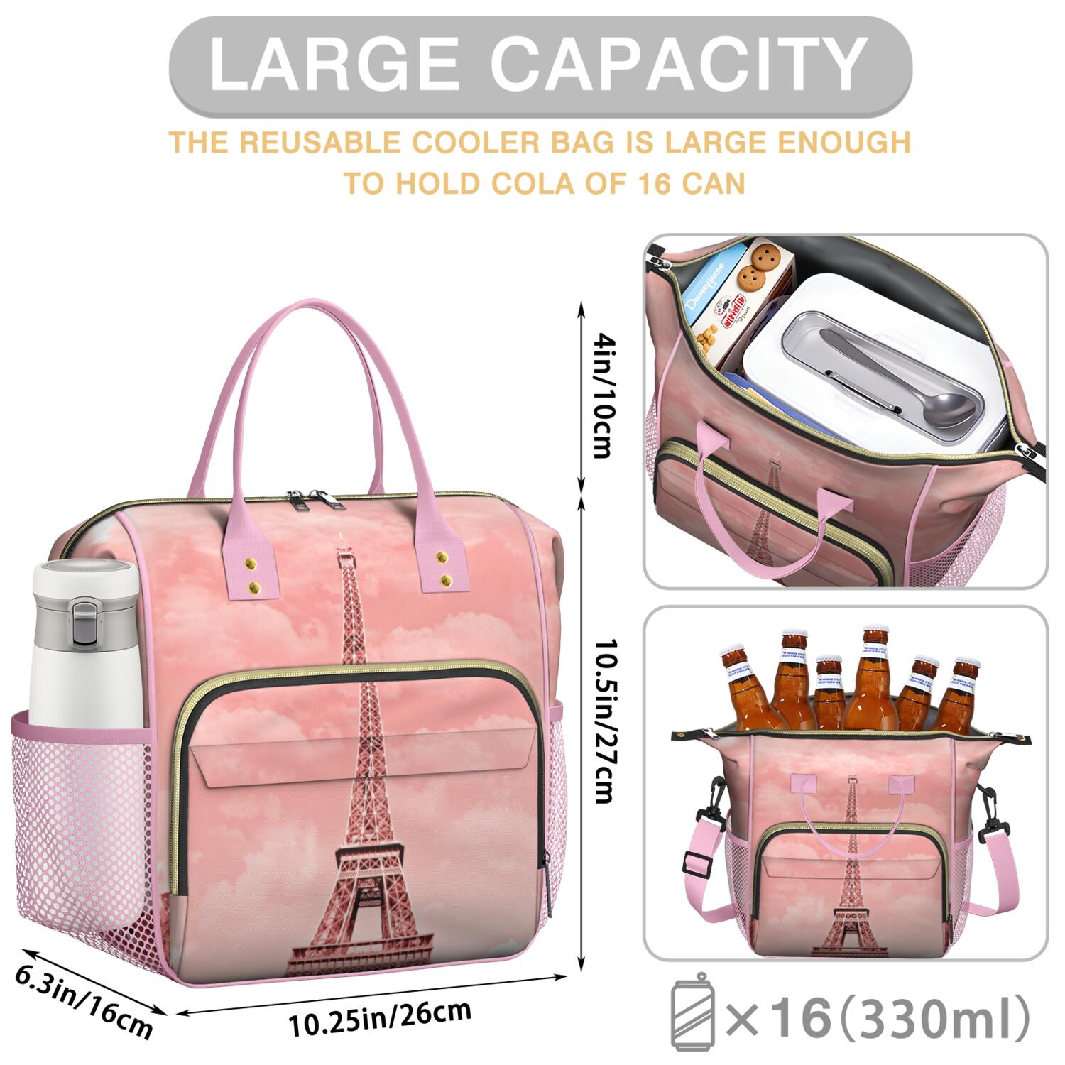 Girly Pink Leakproof Cooler Bag - Vintage Style Insulated Lunch Tote for Beach, Flight & Trip, Fashionable Waterproof Picnic Bag with Multi-Pockets