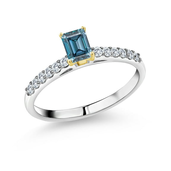 Gem Stone King 925 Sterling Silver Ring with 10K Yellow Gold Prongs Persian Blue Moissanite and Lab Grown Diamond (0.76 Cttw, Size 8)