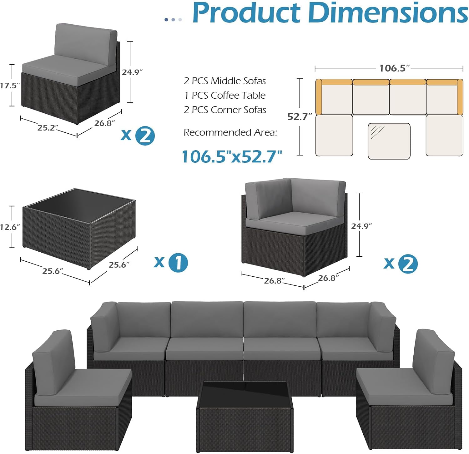 YODOLLA 7-Piece Patio Furniture Set with 30" Fire Pit Table, Rattan Wicker Outdoor Sectional Sofa Couch with Table Patio Conversation Set for Lawn& Backyard In Gray