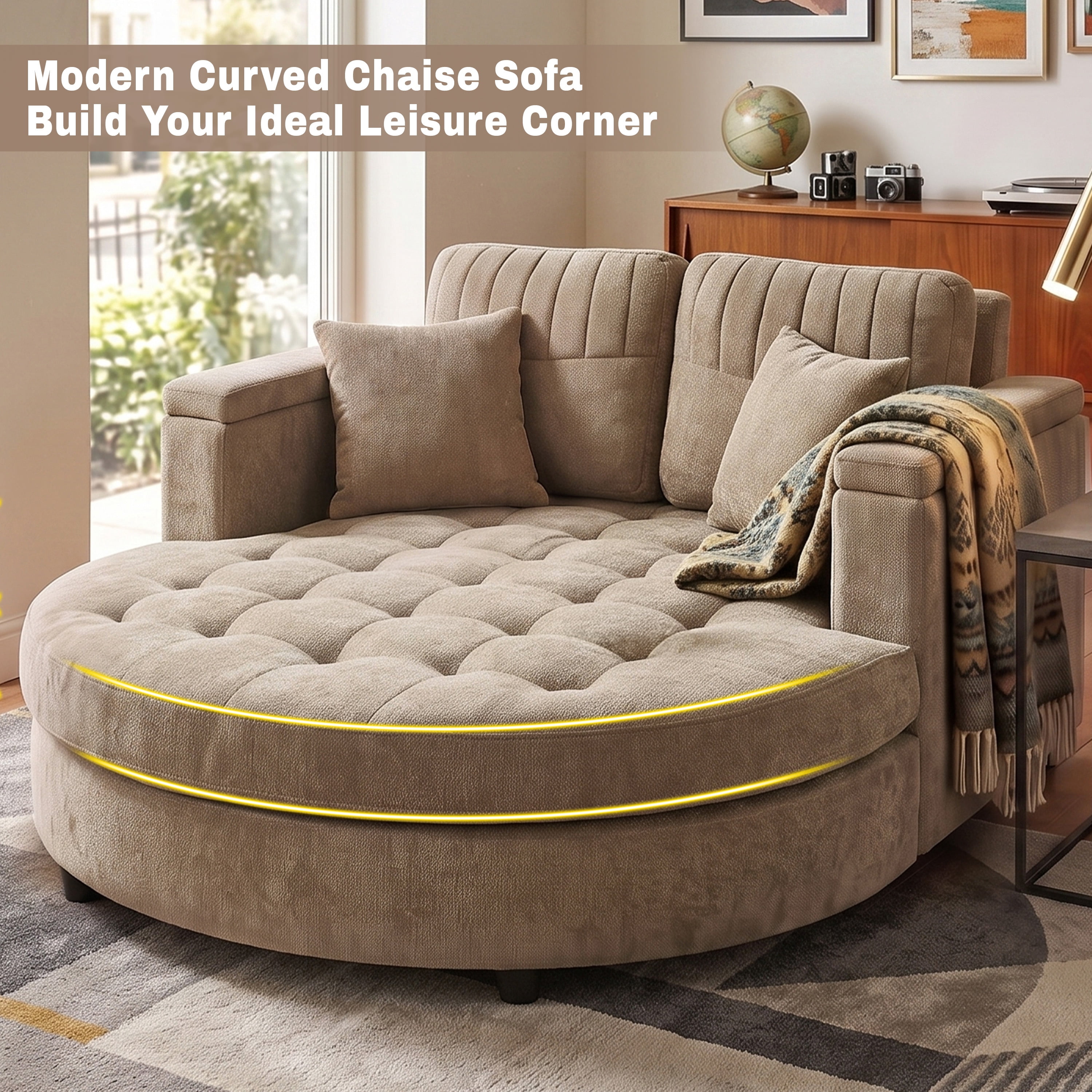Euroco 66.9" Oversized Chaise Lounge Chair Indoor,Cloud Plush Chenille Floor Sofa Bed with Deep Seat,Storage Arms & Removable Pillows,Modern Upholstered Sofa Couch for Living Room,Brown