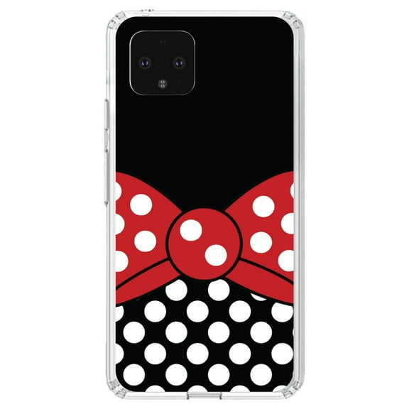 DistinctInk Clear Shockproof Hybrid Case for Google Pixel 4 (5.7" Screen) - TPU Bumper, Acrylic Back, Tempered Glass Screen Protector - Black White Polka Dot Red Bow Minnie