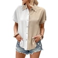 thumbnail image 1 of Mujeres color bloqueo de manga corta camisa abajo collar suelta mujer solo breasted color bloque blusa albaricoque L, 1 of 5